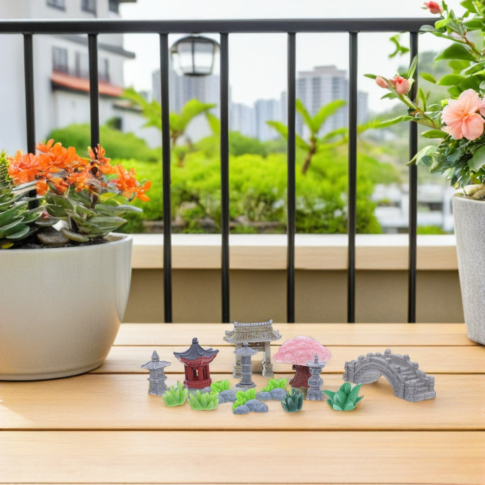 Bonsai Garden Desk - 1Set Dekorasi Lanskap Miniatur Resin, Paviliun